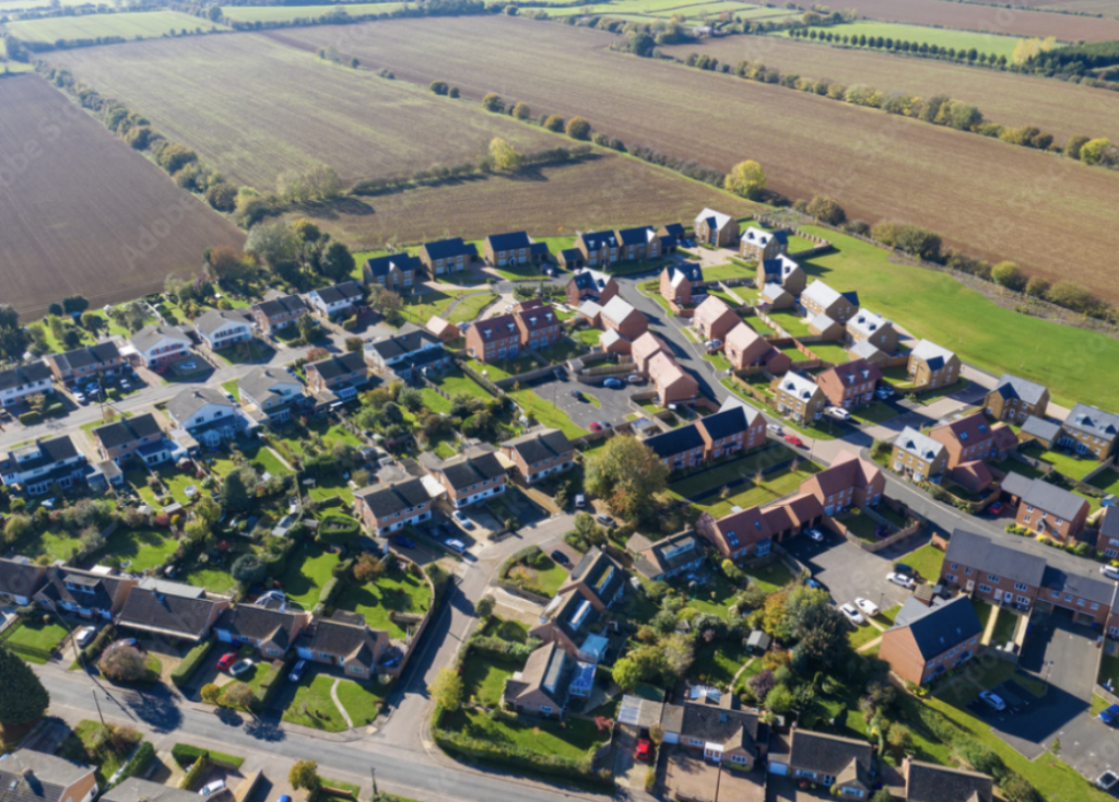 מבט על בתים על רקע שדות